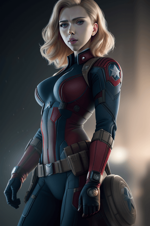 AI generated: a photorealistic portrait of scarlett johansson, ((wearing a captain america suit)), full body portr...
