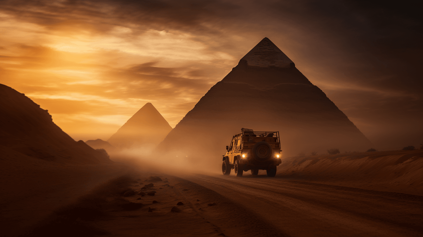 AI generated: a jeep with two persons driving towards the great pyramids of egypt, mystical lighting with decent f...