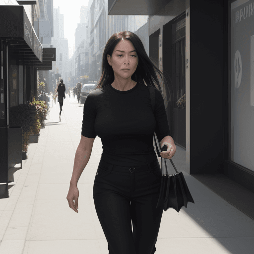 AI generated: The image features a  woman wearing a black shirt and black pants, walking down a street while carry...