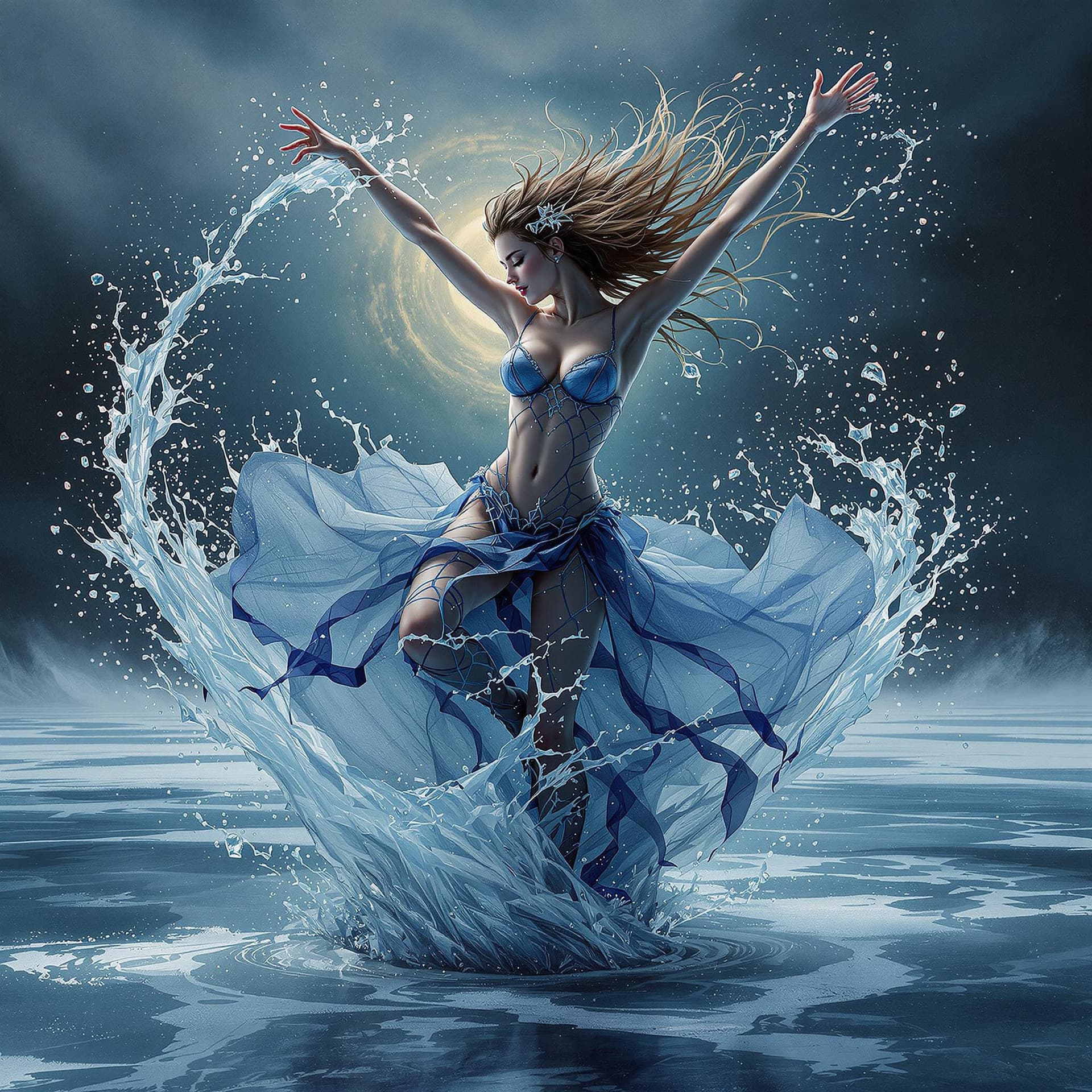 AI generated: A cheerful beautiful girl, dancing, drkms,(full body:1.1), on Thin Ice,drkms, water-bender,charybdis...