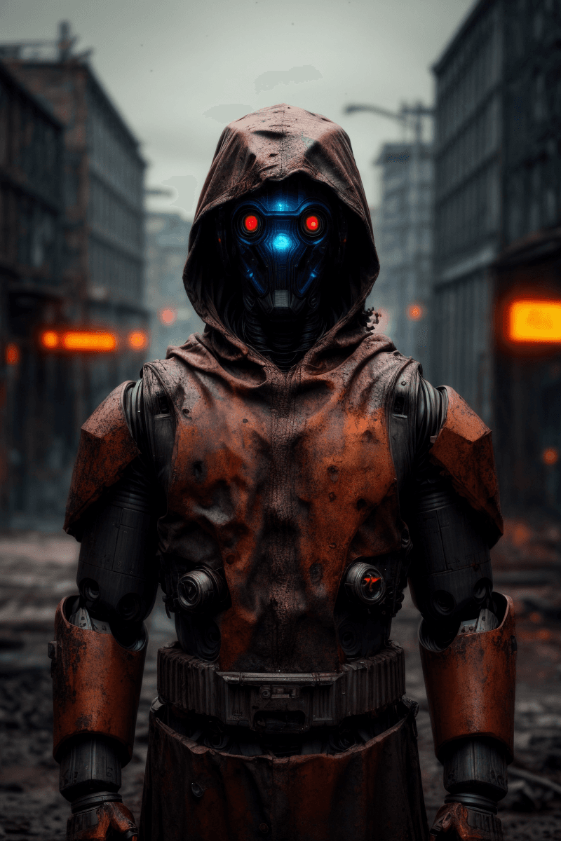 AI generated: uturistic military robot, wearing hooded cloak, non-human, dirty and damaged, grunge, cinematic styl...