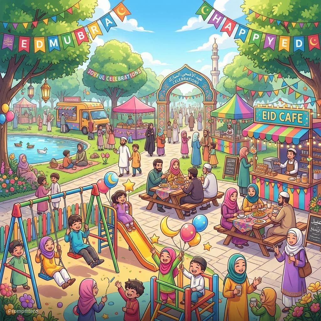 AI generated: A video design about Eid al-Adha events, in a large park with children's play areas and areas for ea...