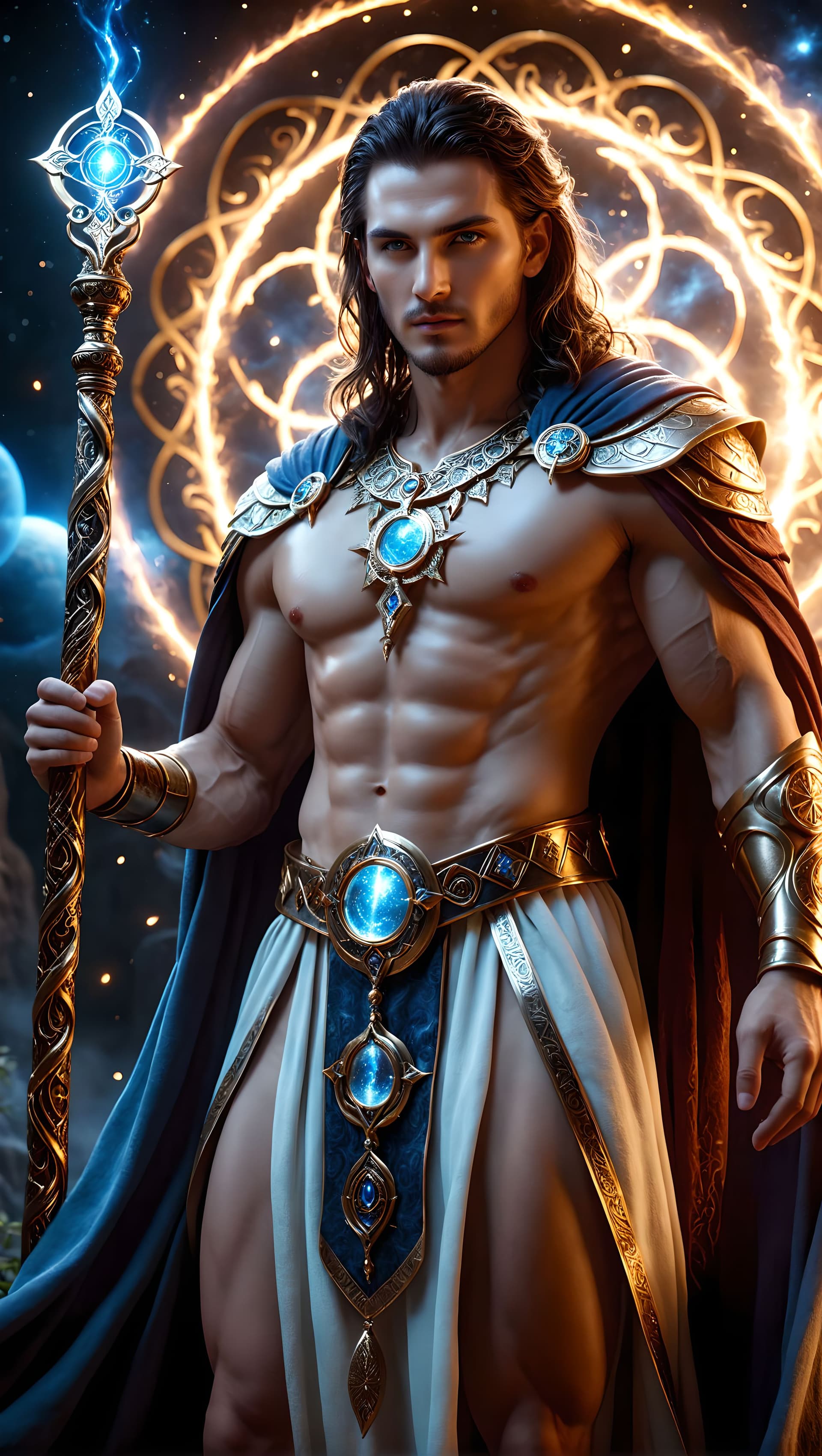 AI generated: A wise and powerful Sage, standing as a beacon of ancient knowledge, gripping an enchanted staff pul...