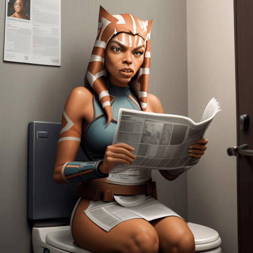 AI generated:   Rosario Dawson in Ahsoka Tano character costume seated on a toilet in the morning, doing a number ...