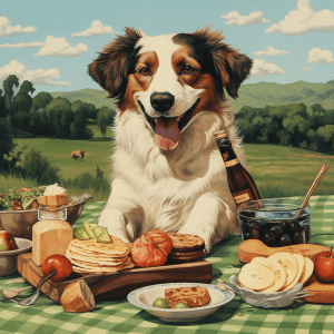 AI generated: Playful illustration of a dog, attending a picnic, eating voraciously, HD, by Chris Moore, Decoupage...