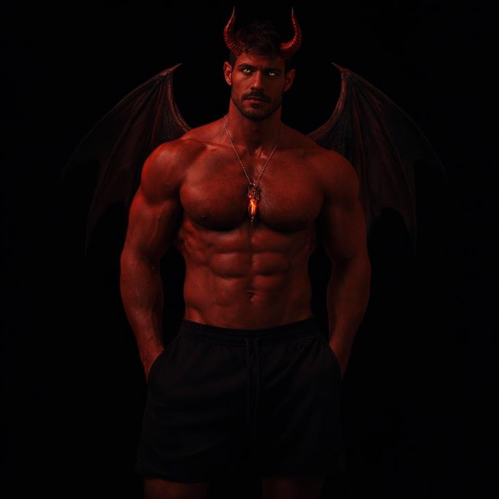 AI generated: make this man into a devil wearing no shirt and black short shorts standing in an endless black void...
