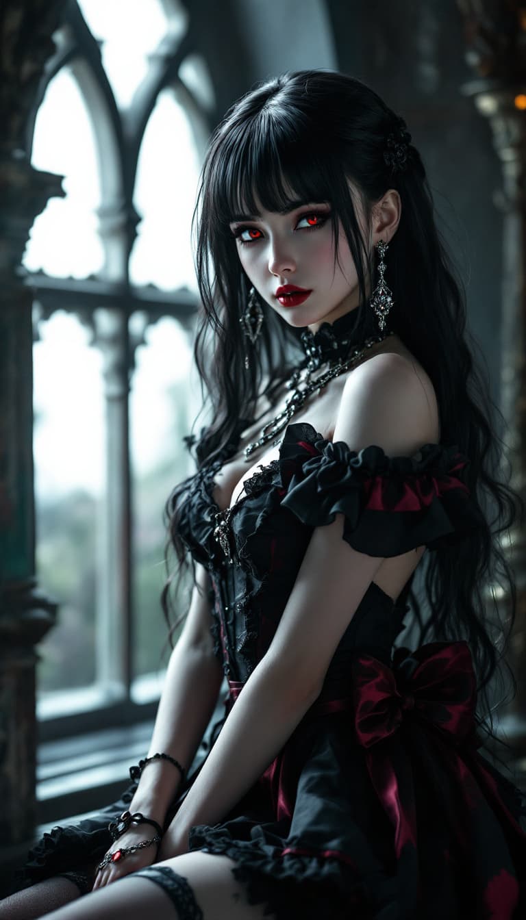 AI generated: Gothic girl with long hair, looking at viewer, bangs, red eyes, black hair, jewelry, closed mouth, (...