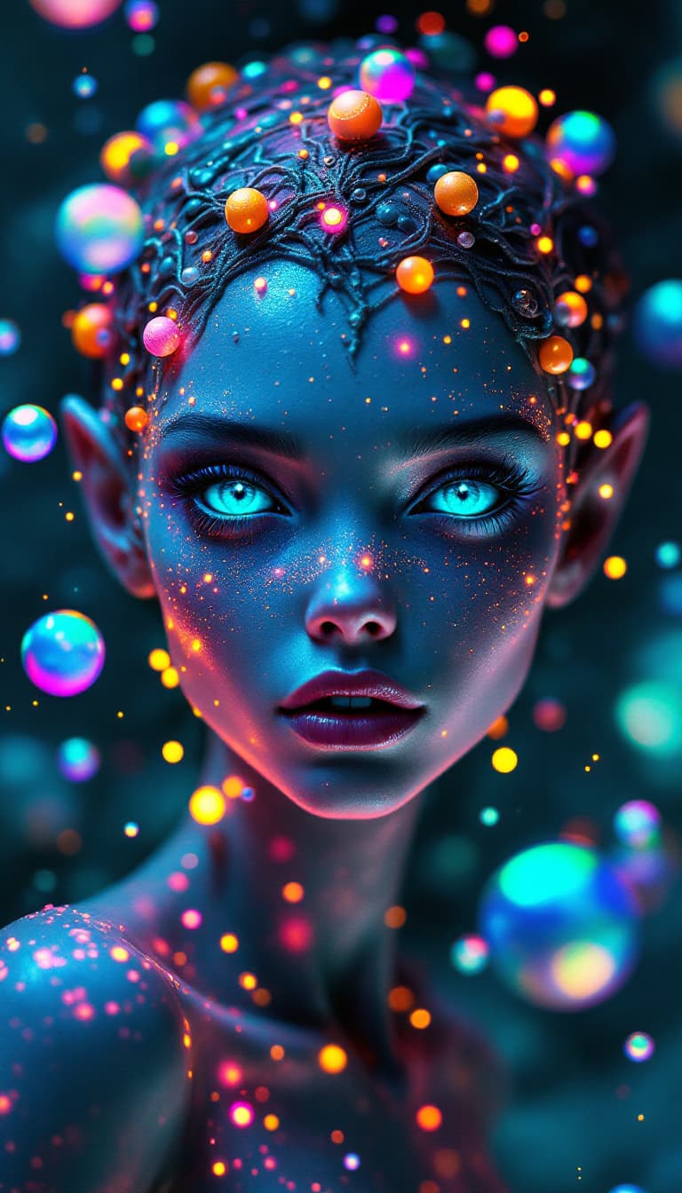 AI generated: Surreal 4k painting of an alien princess ((((with turquoise green eyes)))), and expressive, cosmic f...