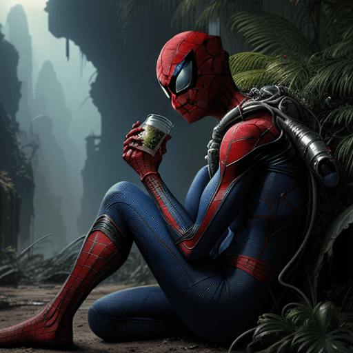 AI generated: A poignant sci-fi scene showing an Spiderman who has been sitting on the ground of an alien planet f...