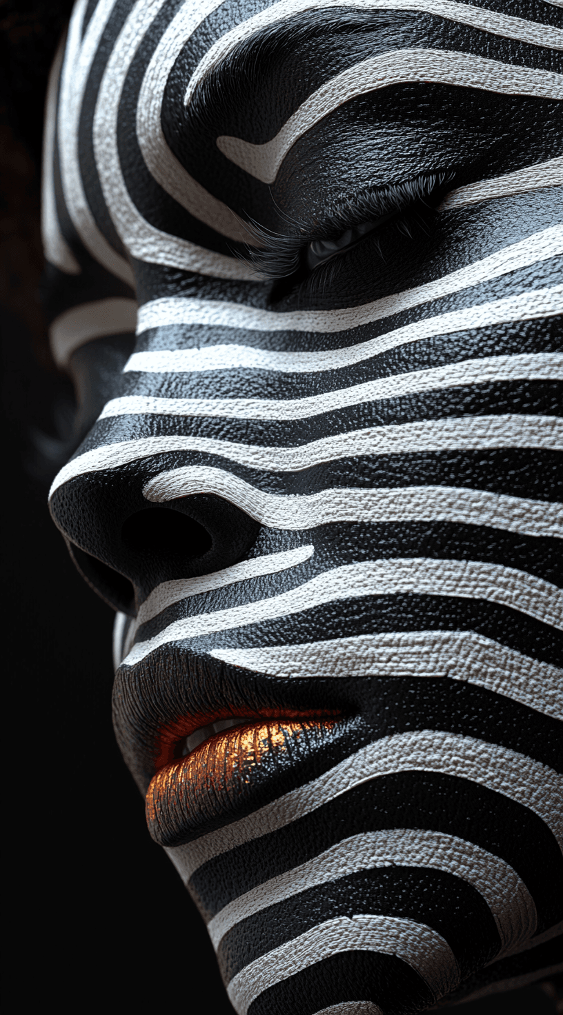 AI generated: A woman with her face covered in a black and white line pattern, a surrealistic and three-dimensiona...