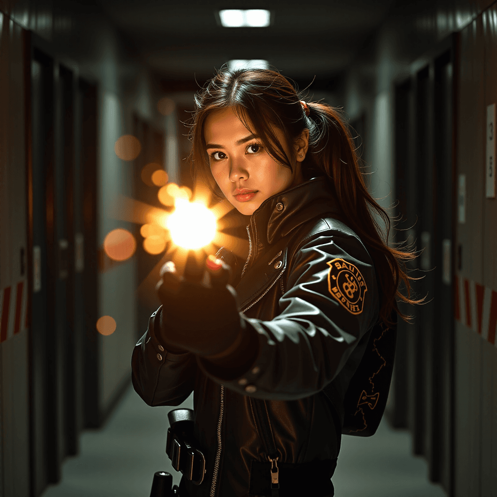 AI generated: Muzzle Flash: An action heroine's face is lit for a split second by the bright flash of her energy w...