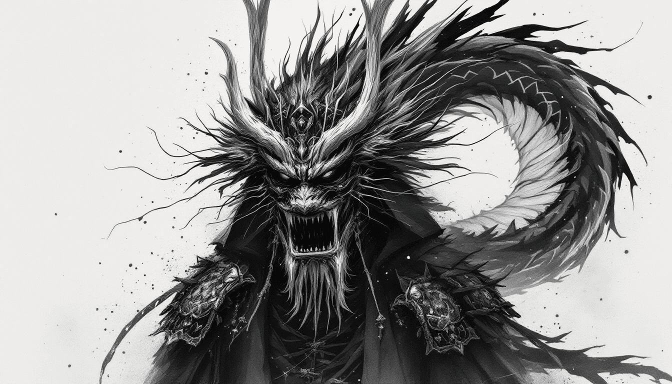 AI generated: japanese samurai in front of a dragon, in the style of minimalist ink wash, 2d game art, witchcore, ...