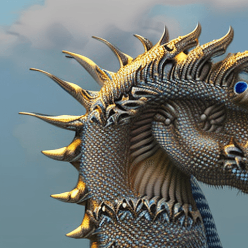 AI generated: a dragon gazing across the horizon, his eyes filled with glorious intelligence, vibrant gold lined s...