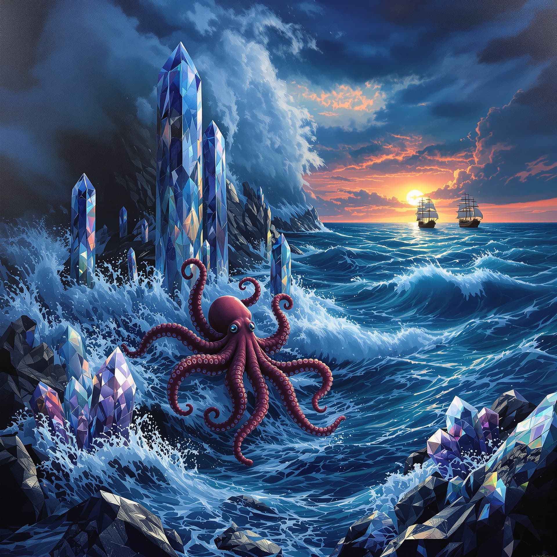 AI generated:  Psychedelic, surreal, A stormy ocean with towering waves crashing onto giant quartz crystals, dark ...