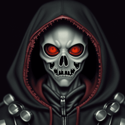 AI generated: 1 adult man, red eyes, hooded, skeletdon, looking at viewer, detailed background, detailed face, 197...