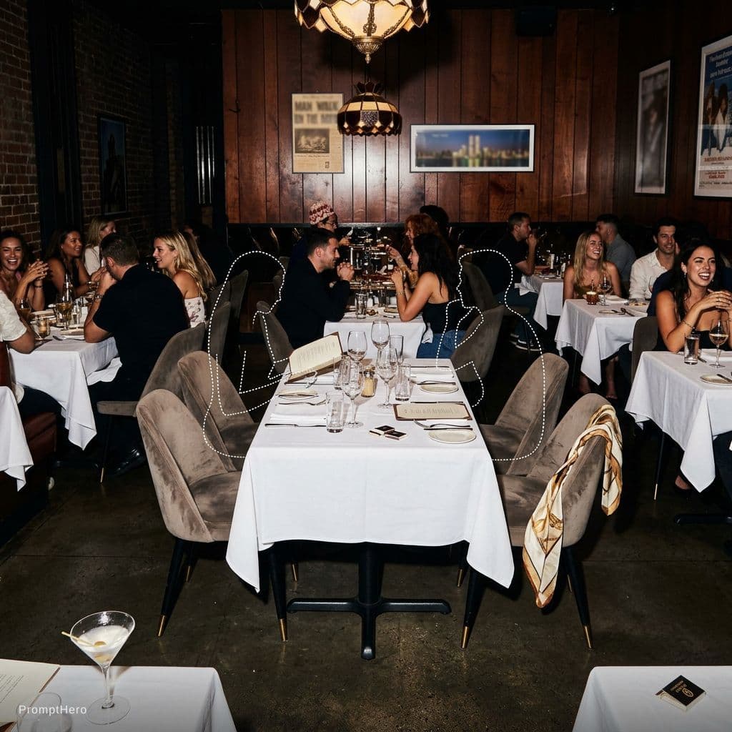 AI generated: fashionable restaurant environment, night flash photography, paparazzi editorial vibe, only one tabl...