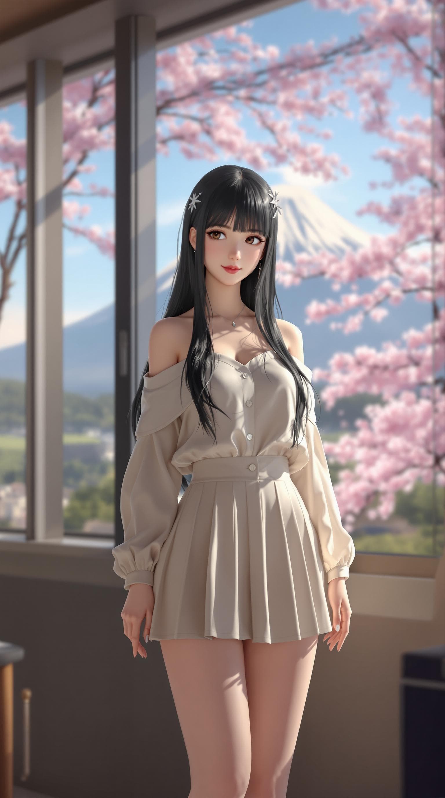 AI generated: 3D Render of a girl, young girl, long black hair, hair ornament, bangs, wearing a casual clothes, cr...