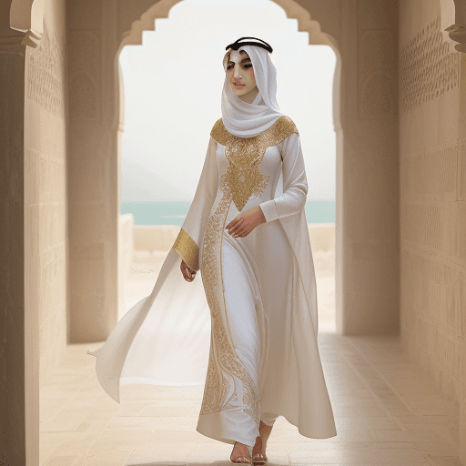 AI generated: An elegant portrait of a woman in a traditional Bahraini Thobe, in the historic Bahrain Fort. The Th...