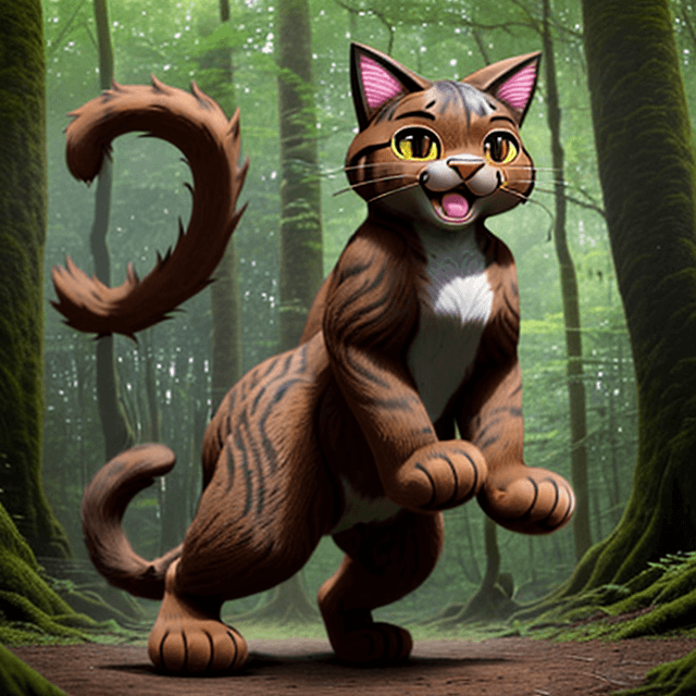AI generated: front  view of a nice, wise, cheerful,  giant strongly brown cat dancing on rare paws in a  prehisto...