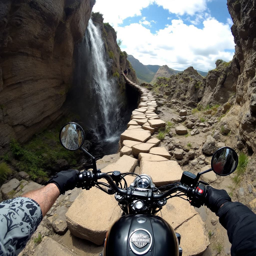 AI generated: POV helmet camera shot of a Harley-Davidson Iron 883 rider descending a fractured walkway carved int...