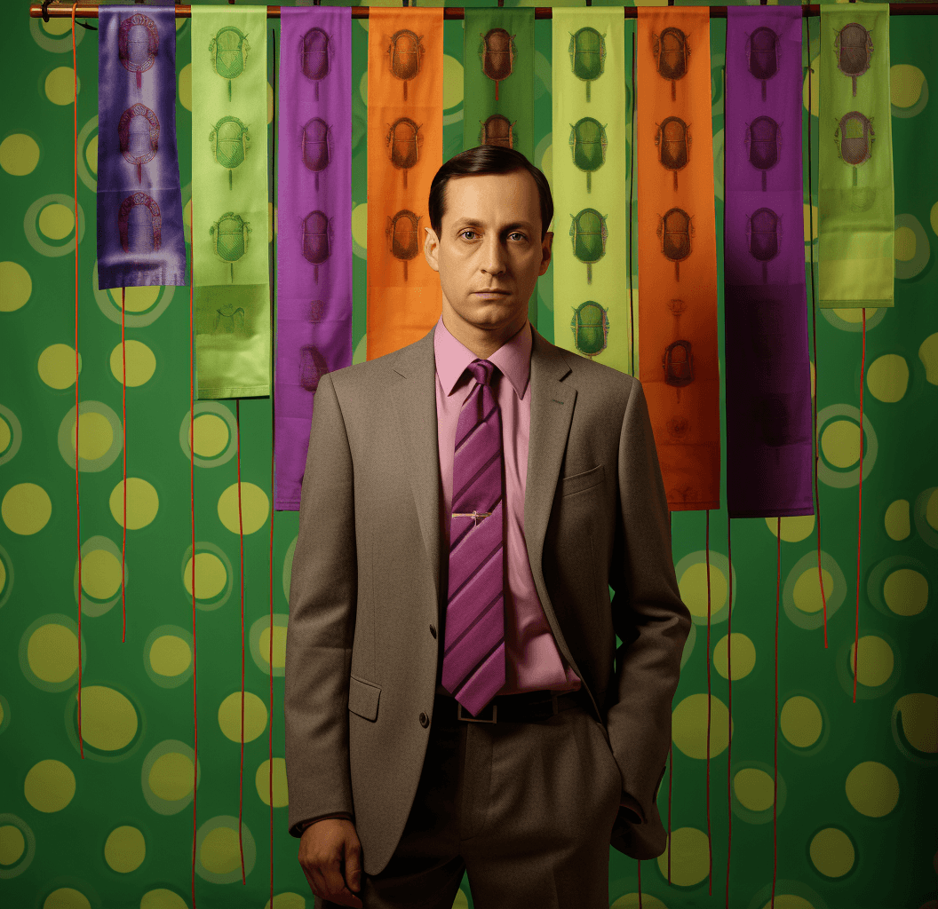 AI generated: a man with a green and purple necktie hung from a hanging rack, in the style of pop art motifs, clas...
