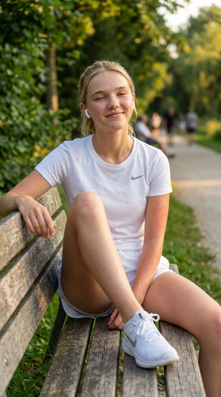 AI generated: A photorealistic image of a young blonde woman resting on a park bench after an intense workout. She...