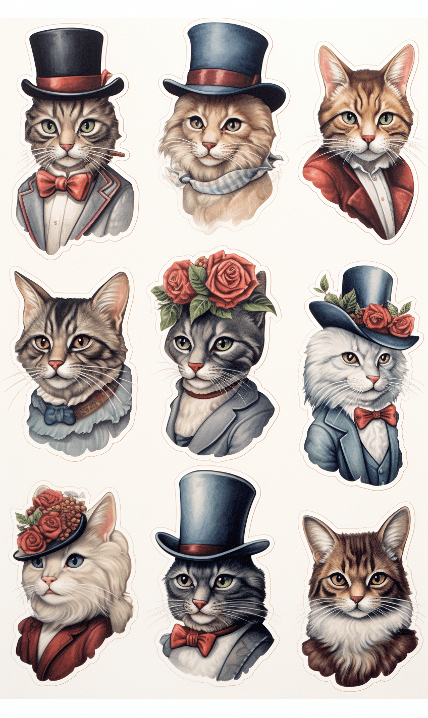 AI generated: sticker sheet of various Victorian era cats wearing hats, in the style of white background --ar 19:3...