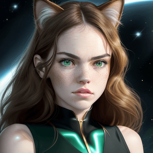 AI generated: Beautiful cat girl. Daisy Ridley. Cat ears. Cat tail. Beautiful face. Beautiful big eyes. Slender bo...