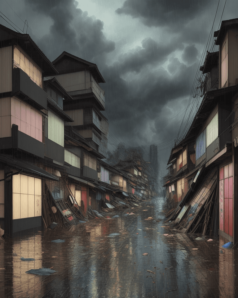 AI generated: A heavy storm and flooding of a slum area,
rain,typhon,
litter,
intricate detail,
in the style of vi...