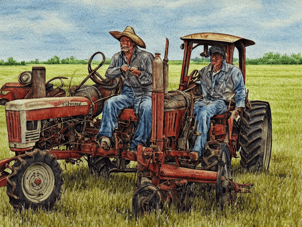 AI generated: old farmer is wearing worn and faded coveralls, and a frazzled straw hat as he drives a JOHN DEER tr...