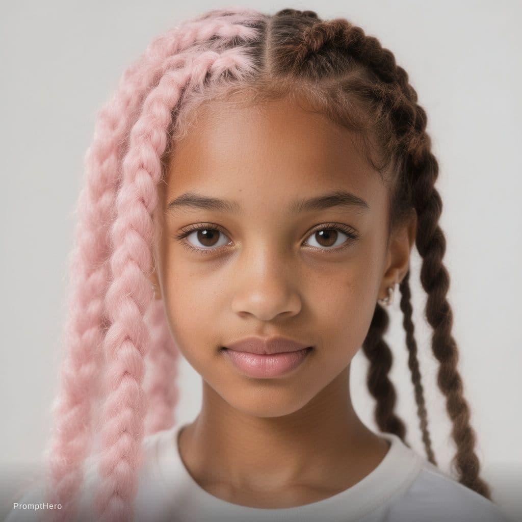 AI generated: Brown skin 13 year old, hair in double strand twists, light pink front of hair dark brown back of ha...