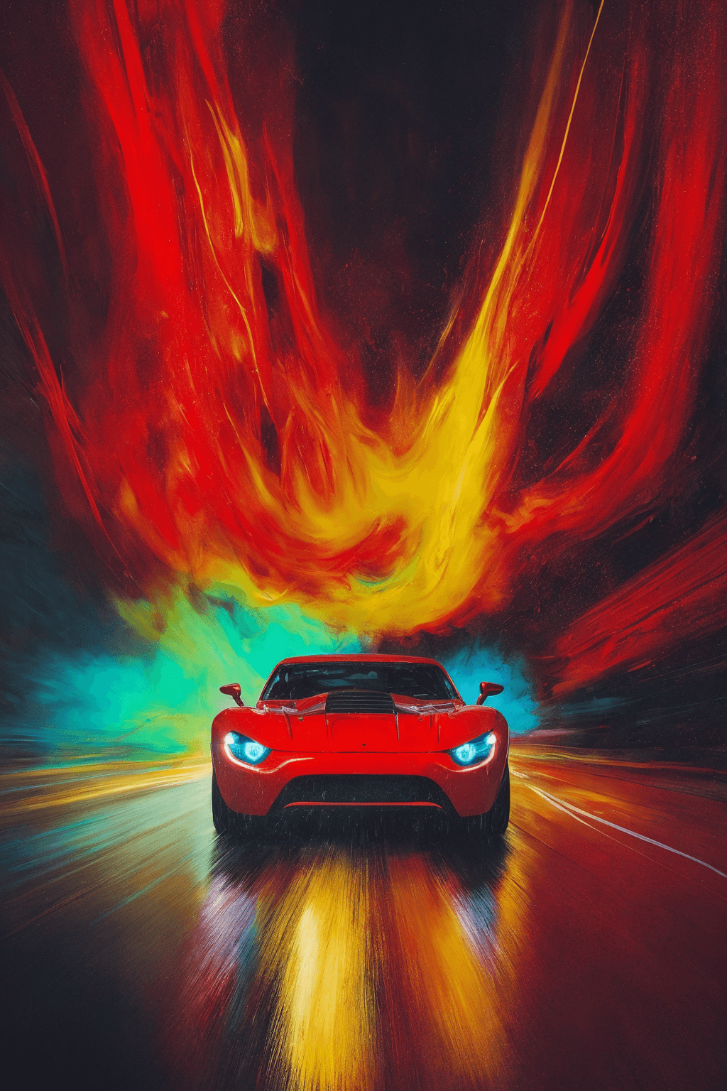 AI generated: long exposure photo of abstract expressionist painting red race car, in the style of sam spratt, his...