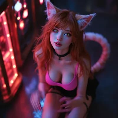 AI generated video: Hands on cat ears. Cat ears twitch, move and swivel. Tail curls, swishes and moves.