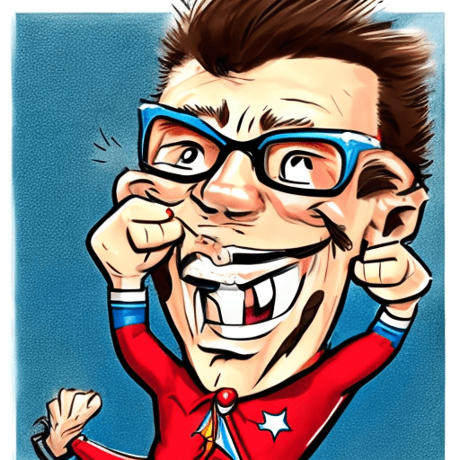 AI generated: A fun caricature of an ordinary super hero, nerdy, clumsy, laughing, no super powers and an ill fitt...