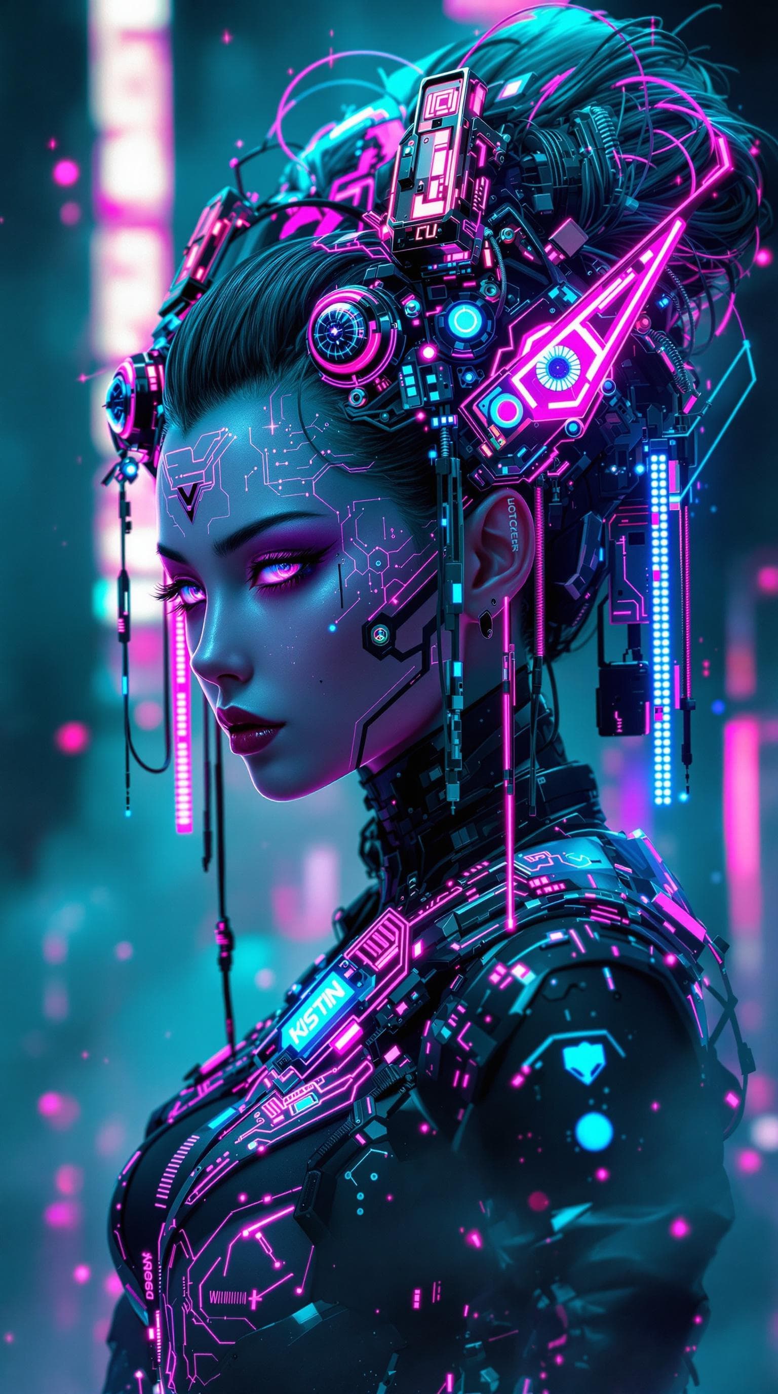 AI generated: a cyberpunk geisha with neon hair ornaments, in the style of Masamune Shirow, bioluminescent accents...