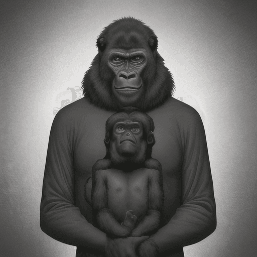 AI generated: a gorilla standing in the dark with its back to the camera, a portrait, by Tadashi Nakayama, dada, m...