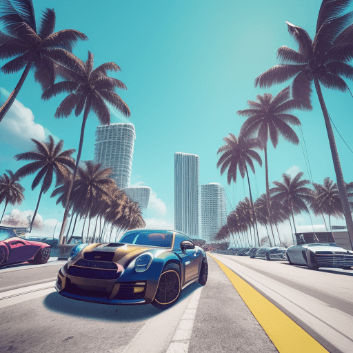 AI generated: A pug with sunglasses, standing on a vibrant Miami beach, surrounded by palm trees and luxury cars, ...