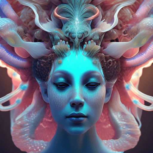 AI generated: Goddess close-up portrait ribcagel. jellyfish phoenix head, nautilus, orchid, skull, betta fish, bio...