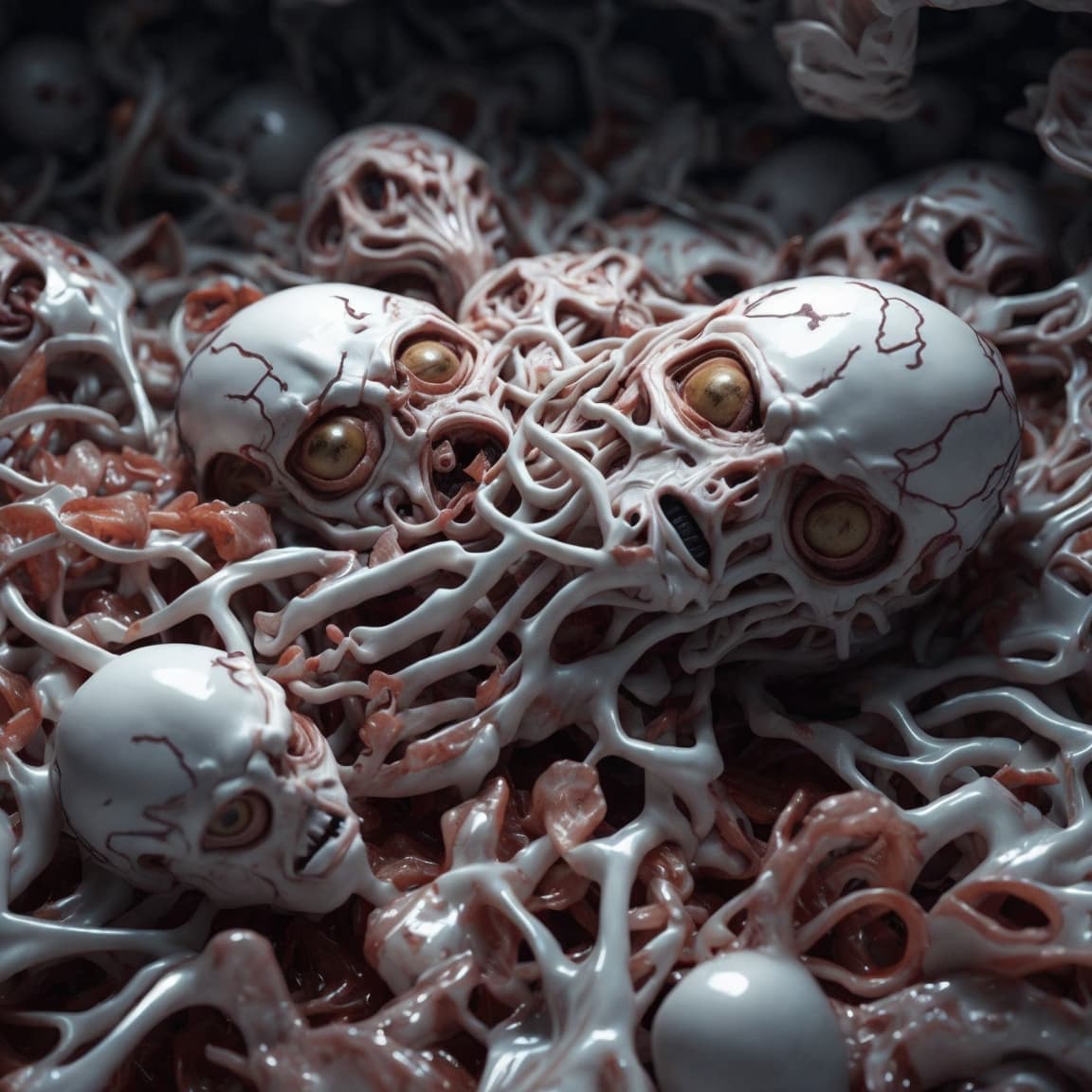 AI generated: photo of a pile of nanoscopic severed body parts, creatures, packed tightly, fill frame, wide-angle,...