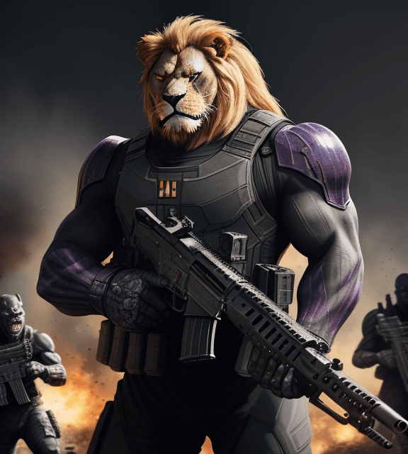 AI generated: Battle-scarred angry Thanos lion army wearing black ops uniform, holding carbine rifle, anthropomorp...