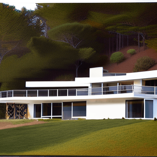 AI generated: Hyper realistic eye level exterior photo of a mid century modern style house overlooking the ocean, ...