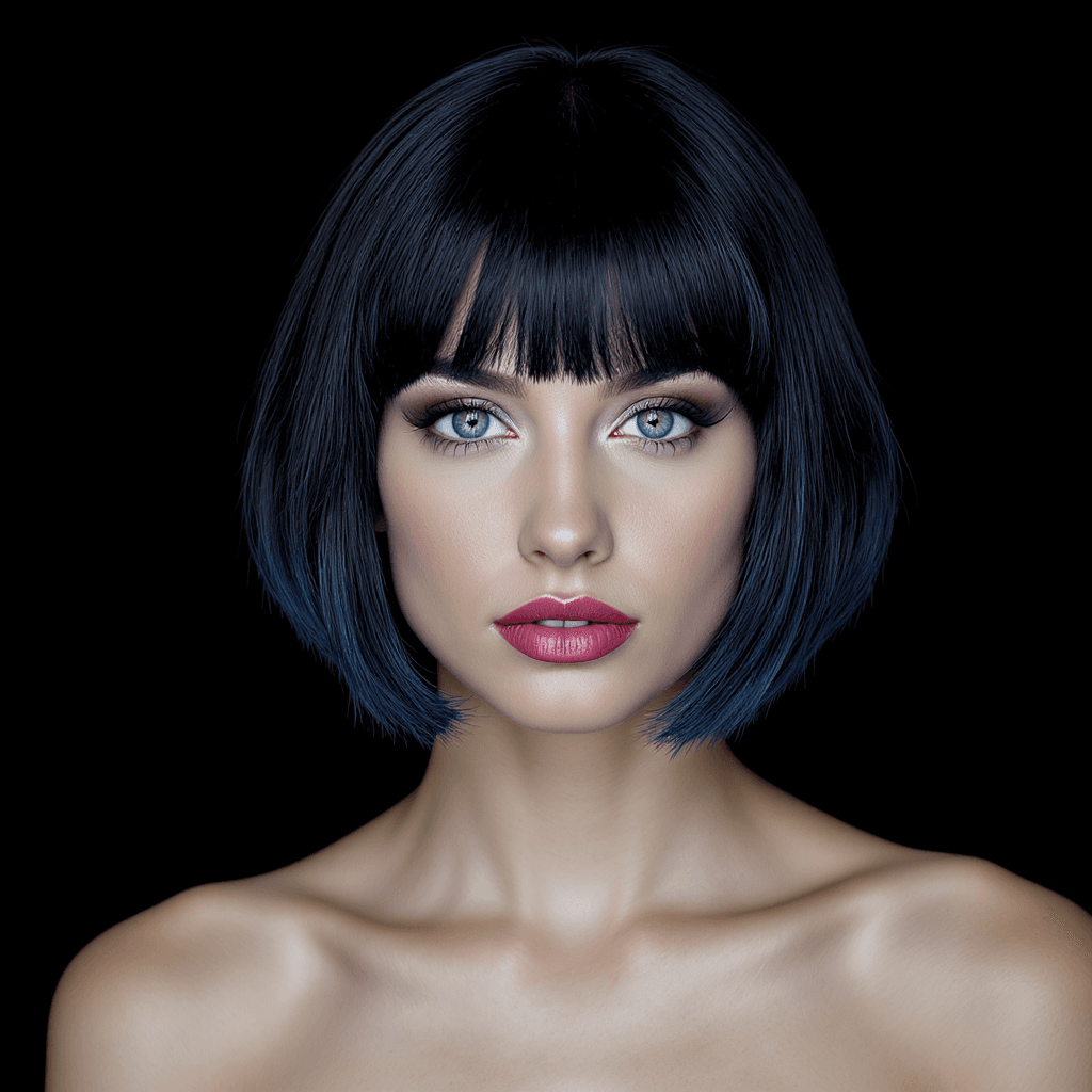 AI generated: photography, front, upper body, woman, bob hairstyle, blue black hair color, light blue eyes, using ...