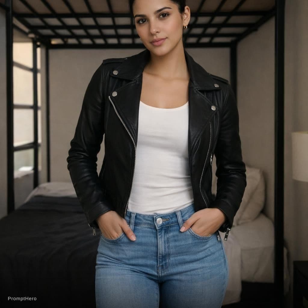 AI generated: large portrait showing the full body. Tight jeans and low cut tank top with leather jacket.