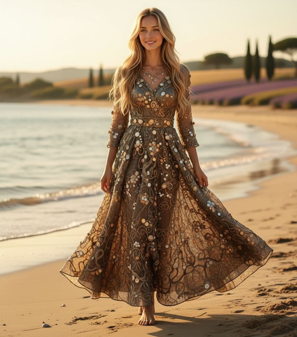 AI generated: a blond woman with long hair is standing in the beach, in the style of dark gold and light bronze, r...