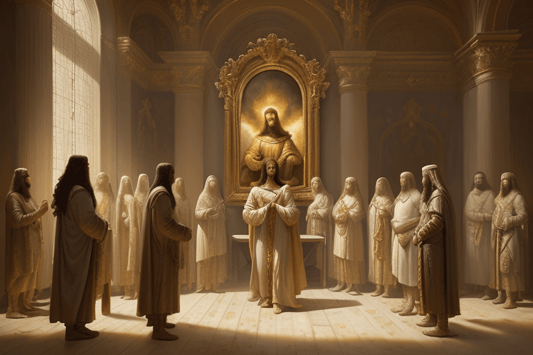 AI generated: breathtaking soft painting of Jesus Christ in the palace of Pontius Pilate, a golden sky, realistic ...