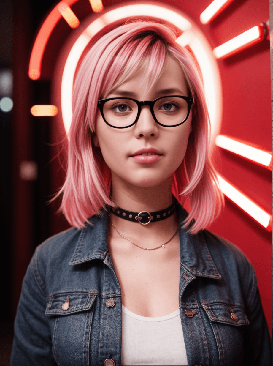 AI generated: woman 28 years hipster punk girl in stylish glasses standing on red tunnel with neon light wall back...