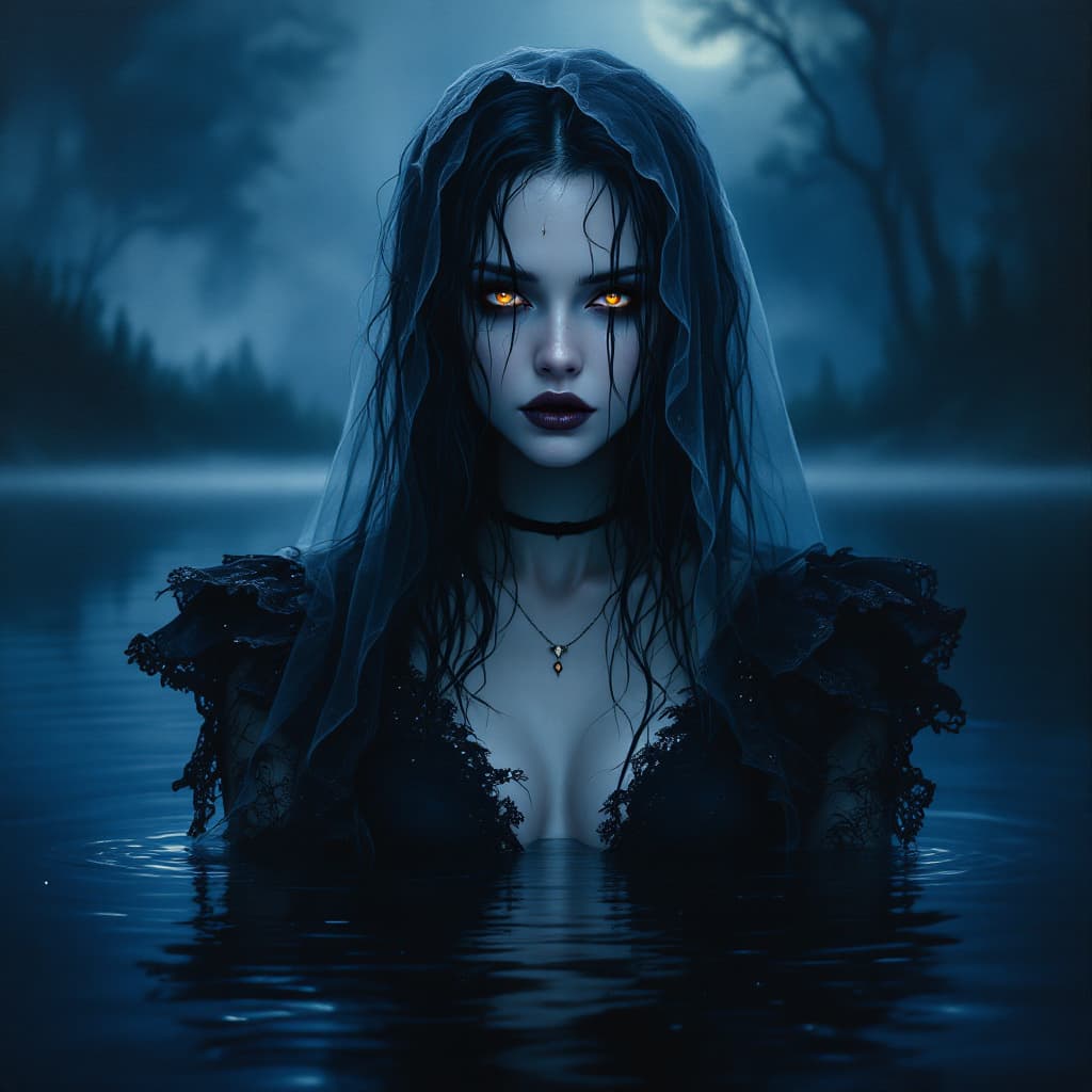 AI generated: oil painting-ultraphoto: A dark, mysterious woman emerges from a navy blue, calm lake in the moonlig...