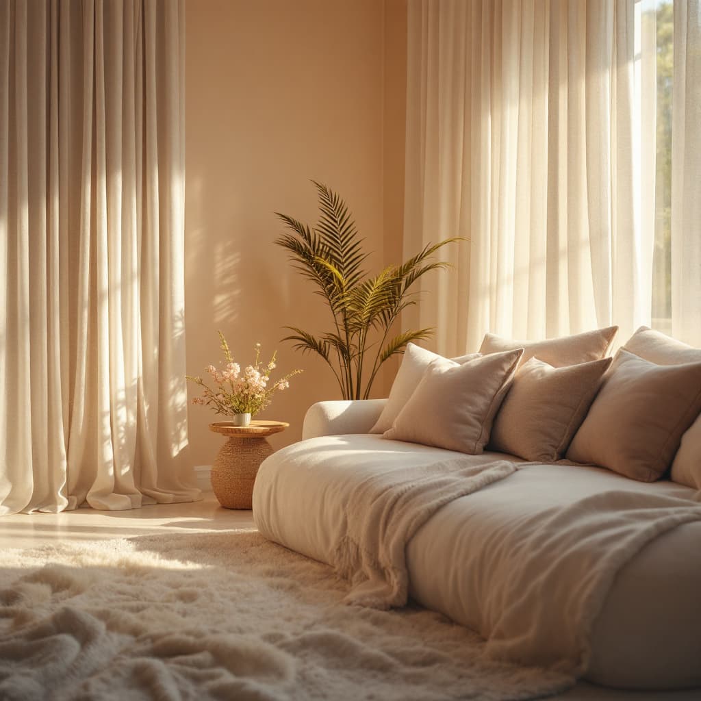 AI generated: A serene room with soft lighting and comfy cushions dslr, ultra quality, sharp focus, tack sharp, do...
