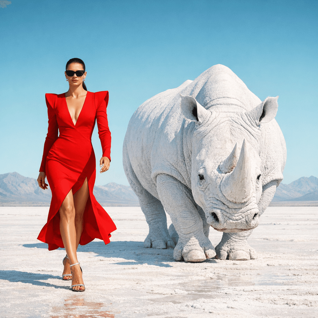 AI generated: {
  "scene": {
    "type": "editorial fashion surrealism",
    "location": "barren white desert w...