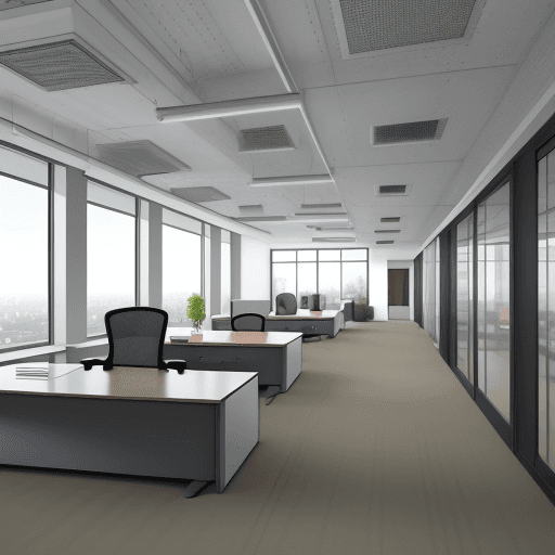 AI generated: realistic modern office building, 6th floor. built-up area of 500 m2 in the 1920s American style